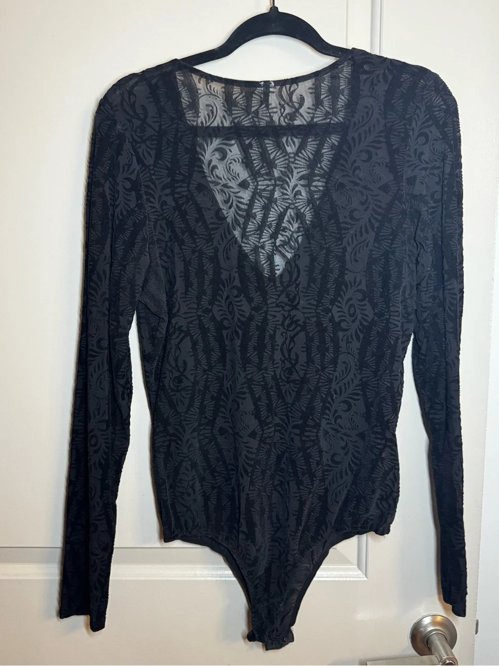 Free People Sheer Black Lace Deep V Long Sleeve Bodysuit